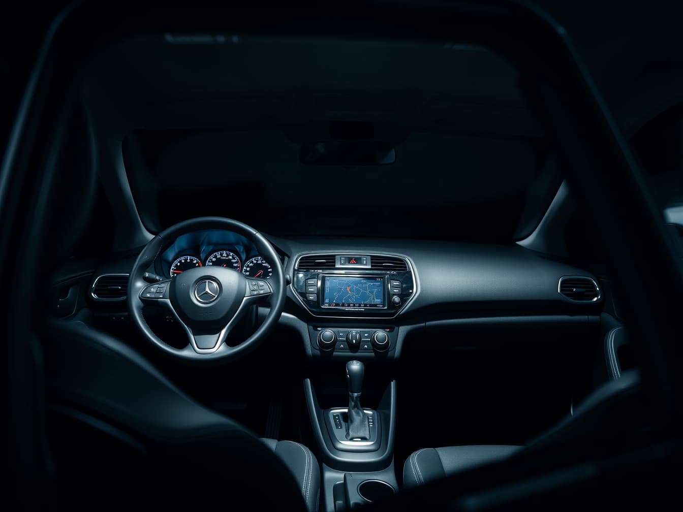 The dashboard, steering wheel and centre console of a modern car seen from the open driver's door, lit by one hard bar of light