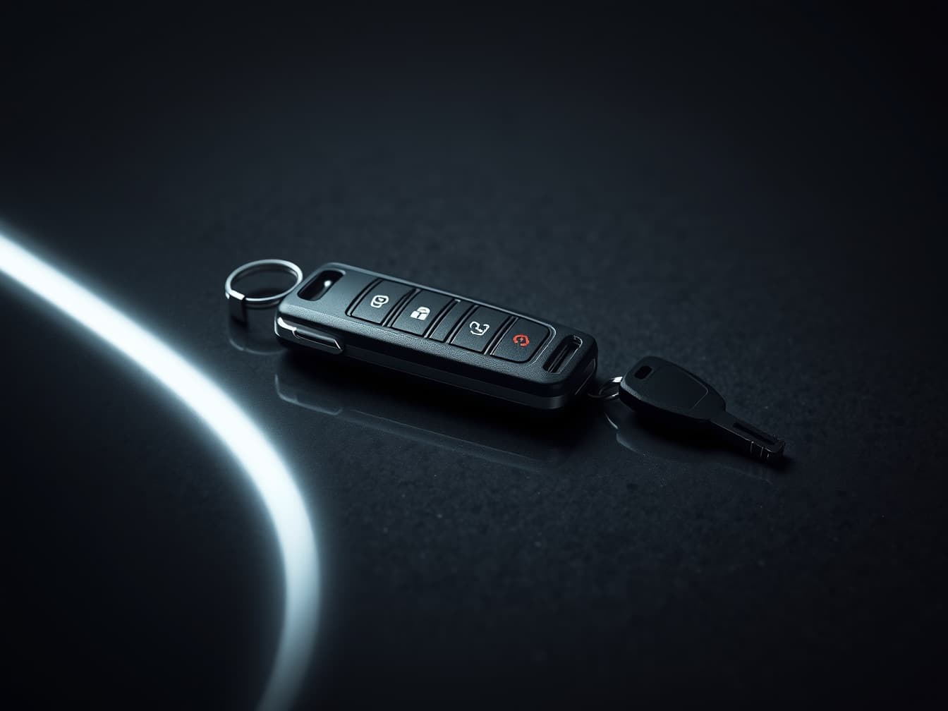 A car key and fob lying on flawless dark paint with a hard line of light running past them