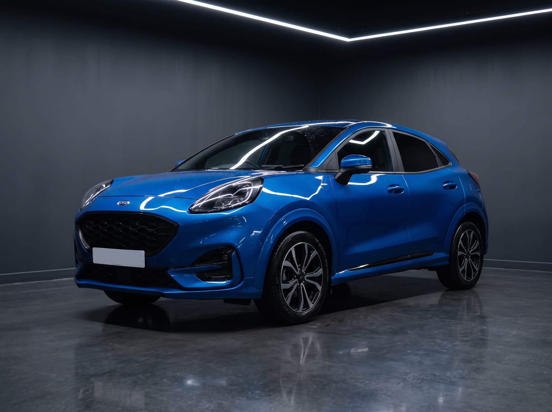Ford Puma in bright blue, three-quarter front view