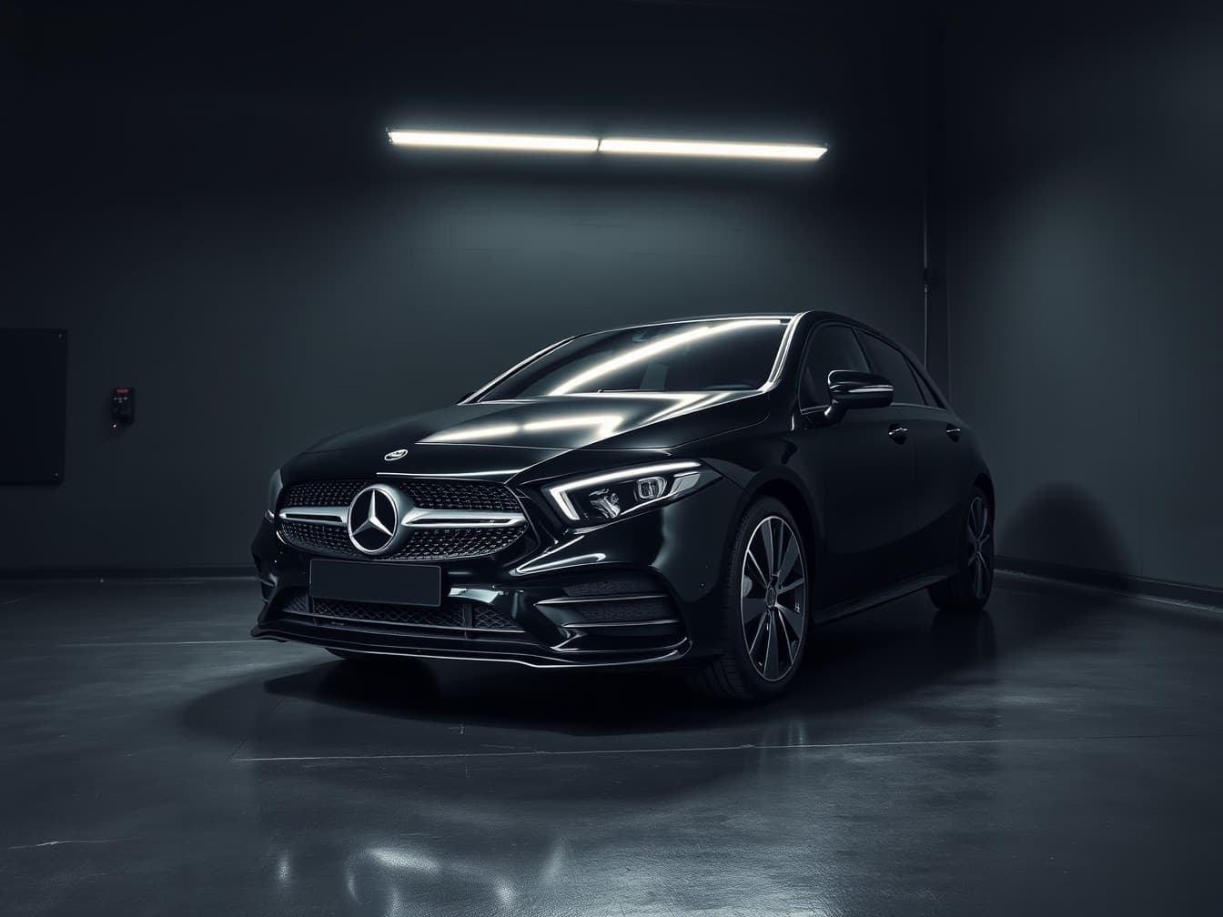 Mercedes-Benz A-Class in gloss black, three-quarter front view