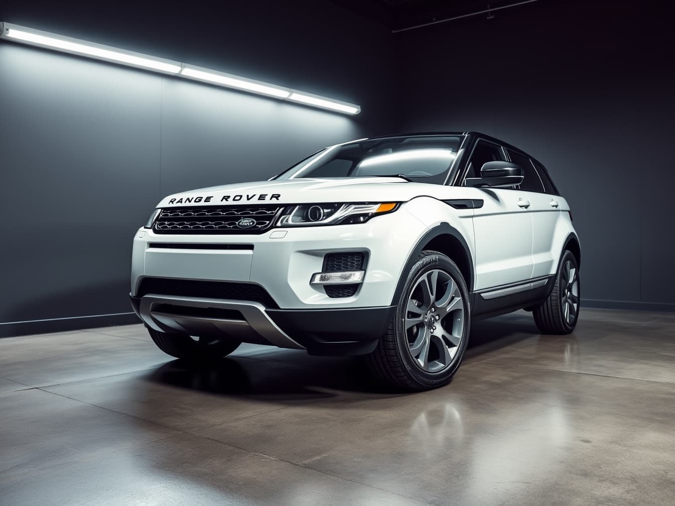Range Rover Evoque in white with a black roof, three-quarter front view