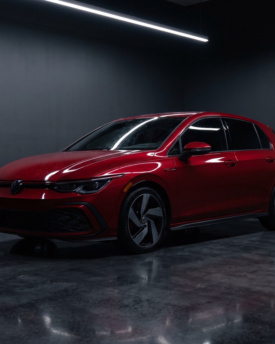 A red Volkswagen Golf GTI under a single overhead light bar in a dark inspection bay